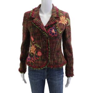 Jon Womens Tweed Floral Blazer Button Collared Long Sleeve Multi-Color Size 8